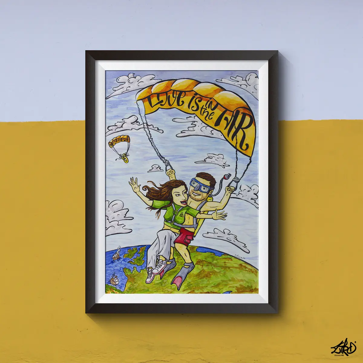 Ilustración tradicional de boda "Love is in the air" con acuarelas por Ziro Pictures INK