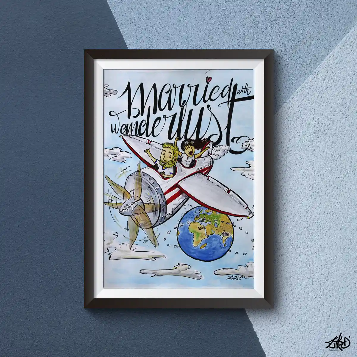 Ilustración tradicional de boda "Married with wanderlust" con acuarelas por Ziro Pictures INK